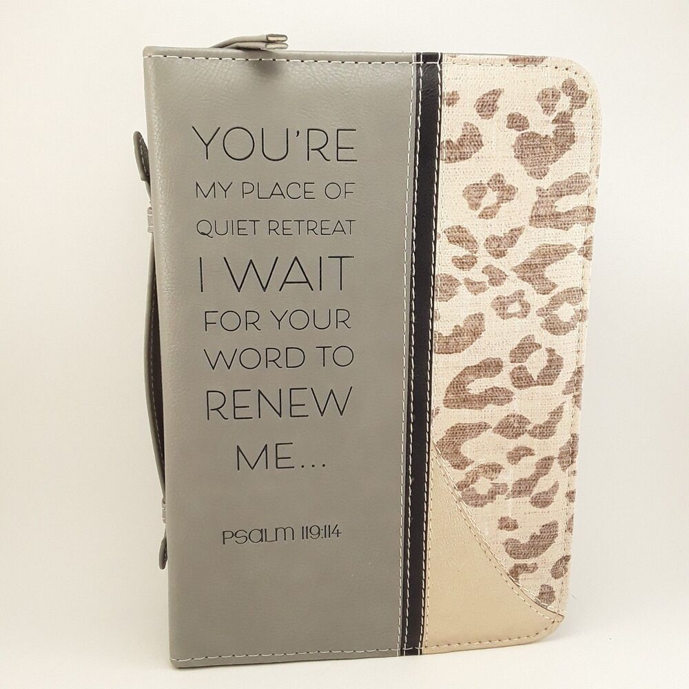 Faux Leather Bible Cover Carry Case, Psalm 119:114 gray tan fashion zipper study